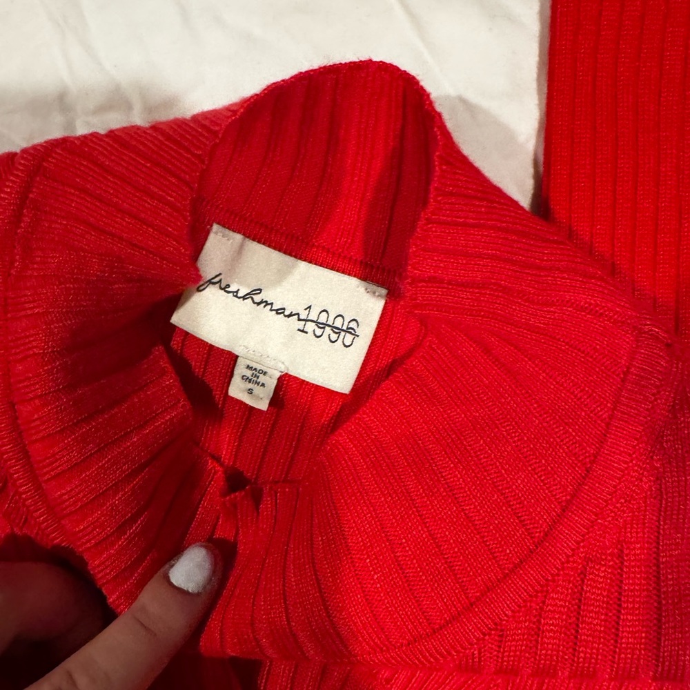 Freshman Red Cowl Neck Sweater with Ribbed Knit